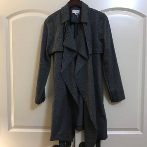 Gray belted jacket with ruffled bodice